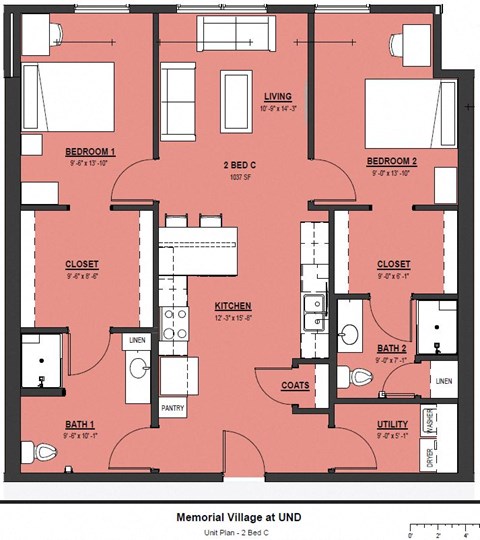 Floor plan for 2 beds, 2 baths, 1037 sqft